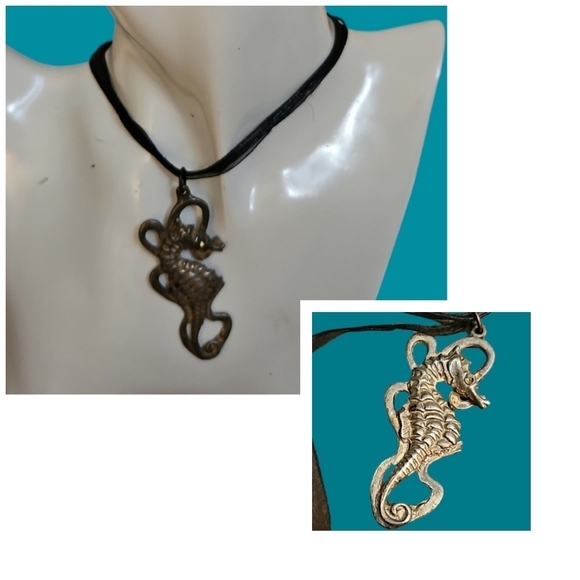 Vintage Seahorse Pewter Pendant Ribbon Necklace - Picture 1 of 5